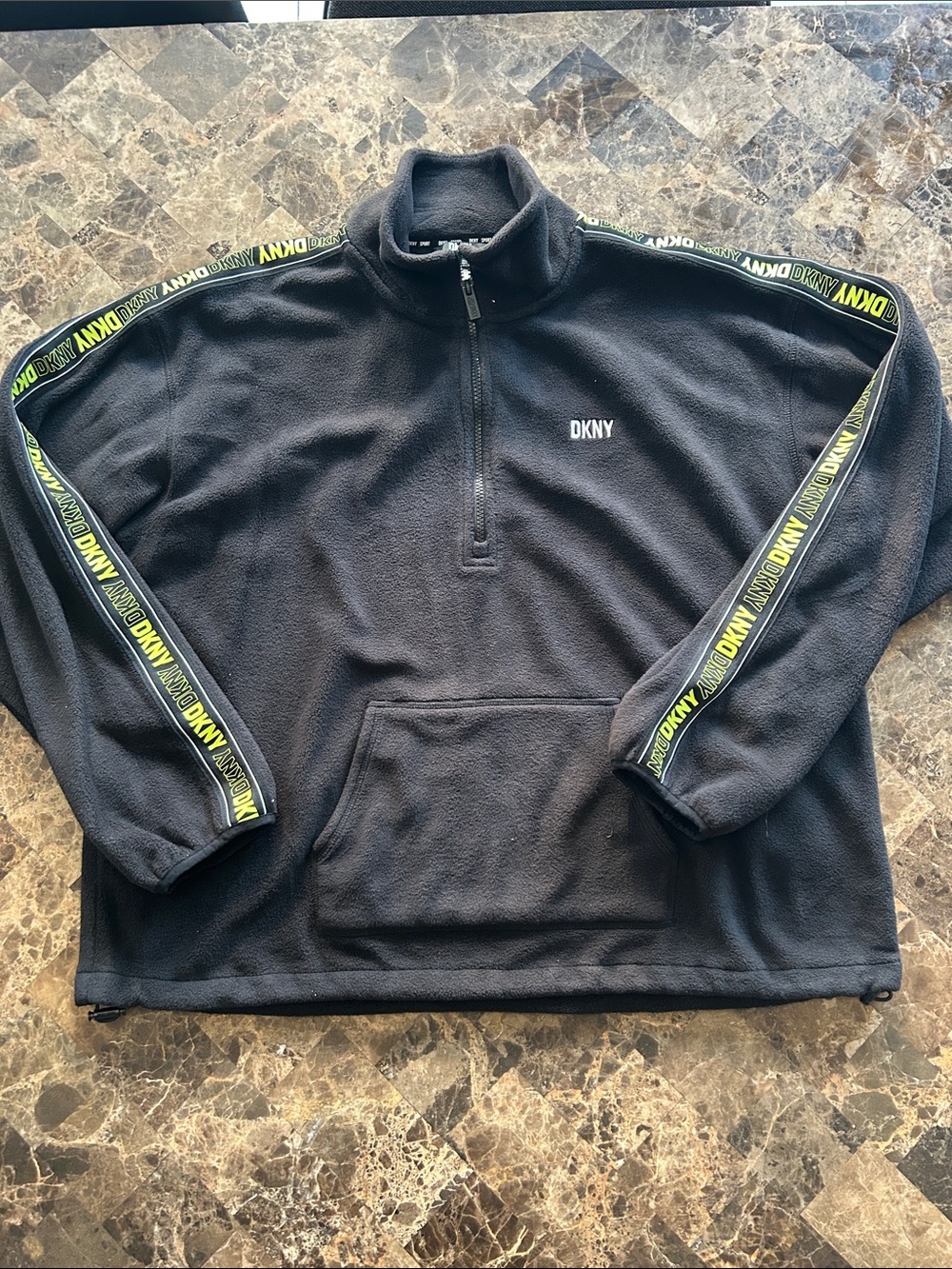 NWT 🆕 DKNY Women’s Black Half-Zip Fleece Pullover with Branded Sleeve Tape sz XL